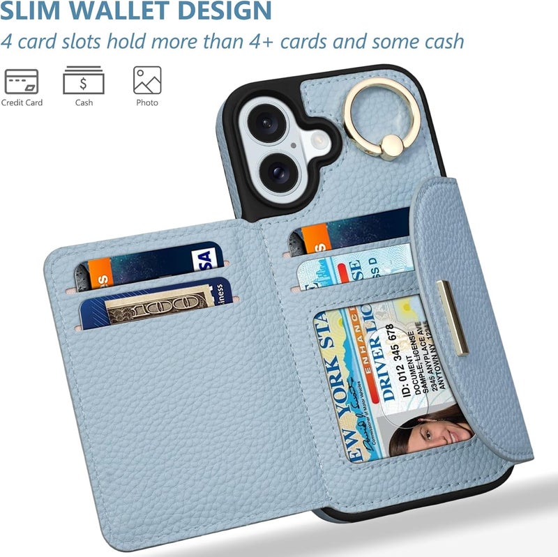 Keallce Wallet Case for iPhone 16 6.1'', Flip Case with Card Slots, Ring Holder Kickstand, PU Leather Protective Folio Cover for Women, Blue - Image 2
